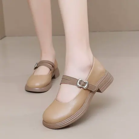 真皮粗跟玛丽珍女鞋夏季软底妈妈鞋大码一字带单鞋圆头宽胖脚皮鞋商品大图