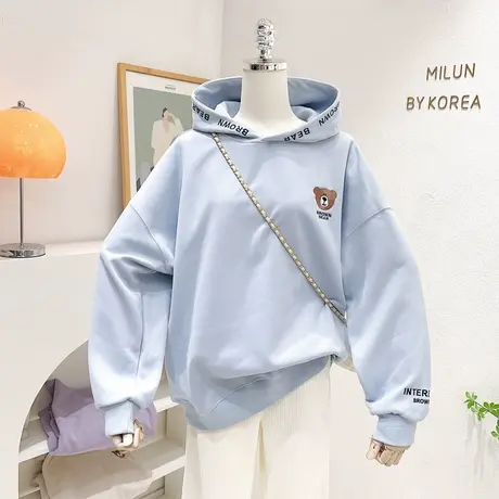 ins学院风日系甜美小熊头奶乖连帽卫衣2023春款宽松字母长袖外套商品大图