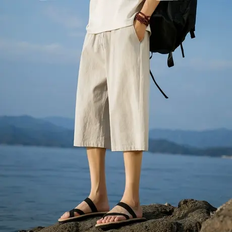纯棉裤子七分男士夏季薄款休闲百搭短裤棉麻亚麻宽松运动7分中裤商品大图