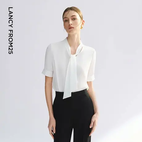 朗姿2025年夏季新款白色系带通勤衬衫短袖塔飘带商务打底上衣女图片