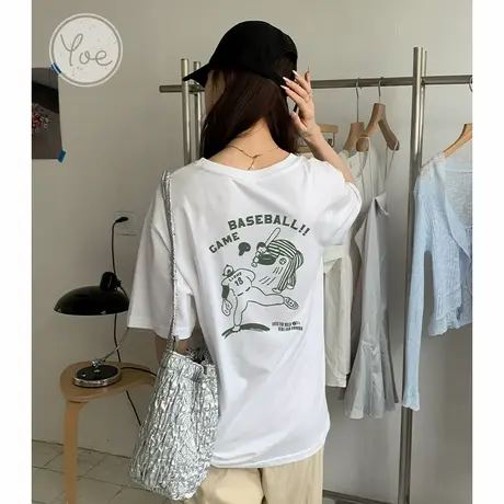 yoe短袖t恤女上衣女装白色宽松小众夏装小众背后大图案韩风慵懒商品大图