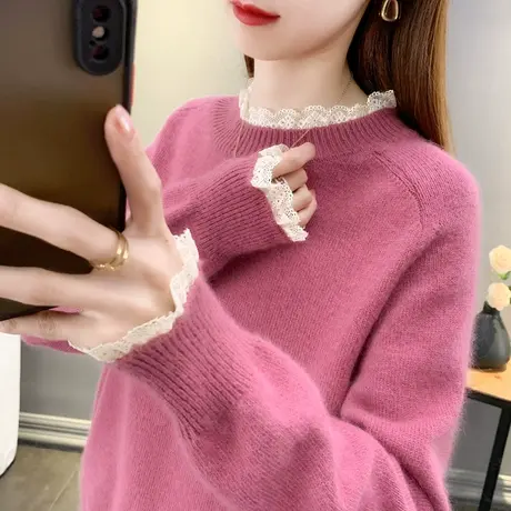 女士毛衣2023新款时尚洋气内搭宽松纯色蕾丝拼接半高领打底衫冬厚商品大图