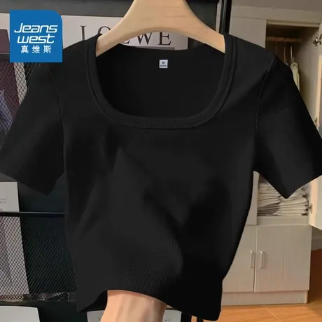 KMV真维斯黑色方领短袖t恤女2025新款正肩修身独特超好看单穿上衣商品大图