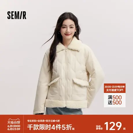 森马棉服女拼接毛绒翻领温柔百搭2024冬季新款时尚宽松棉衣复古风图片