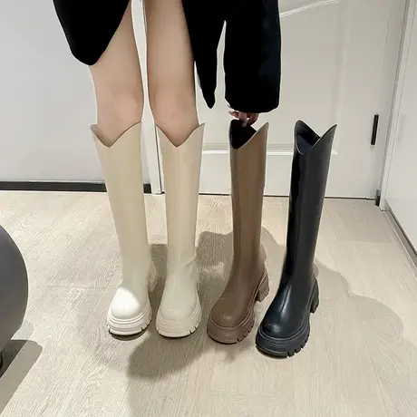 长筒靴女2023春秋季新款小个子不过膝英伦风高筒靴粗跟高跟骑士靴商品大图
