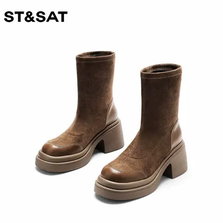 星期六厚底短靴女2025新款套筒高跟袜靴粗跟靴子黑色弹力靴瘦瘦靴商品大图