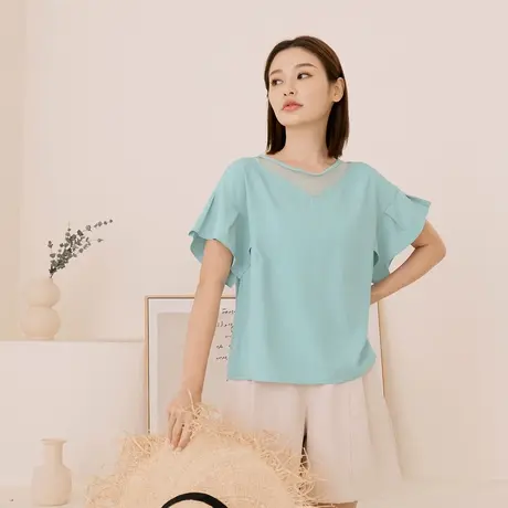 桔熊夏季休闲甜美网纱拼接圆领荷叶袖上衣女胖妹妹大码AB18550图片