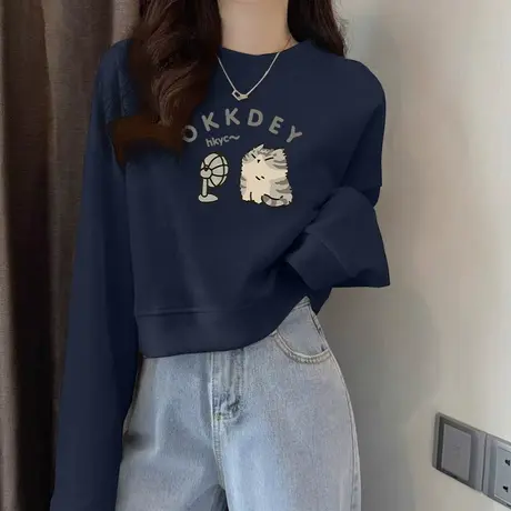 藏蓝色小个子印花短款卫衣女2025新款爆款早秋薄款高腰圆领上衣in商品大图