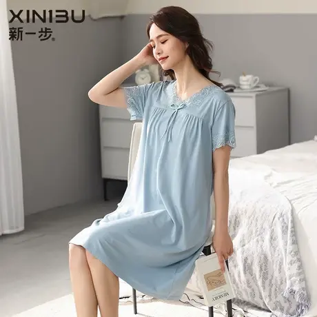 新一步中年妈妈睡裙女夏季薄款长款短袖睡衣春夏天休闲家居服背心商品大图