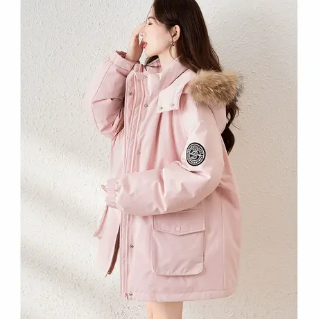 【防水】唐狮粉色工装羽绒服女2025冬季新款户外保暖连帽羽绒外套商品大图