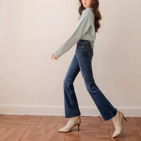 桔熊牛仔长裤子女装修身高弹力磨白破洞微喇叭裤胖妹妹大码BA5869图片