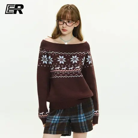 ER国潮慵懒风软糯一字肩毛衣女秋冬圣诞氛围套头针织衫小众设计感图片