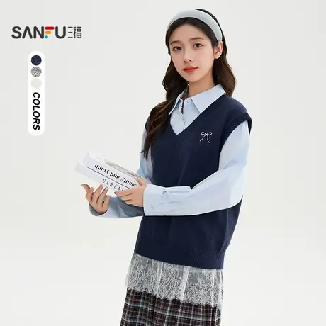 三福马甲2025秋季蝴蝶结刺绣简约V领气质上衣女装510221商品大图