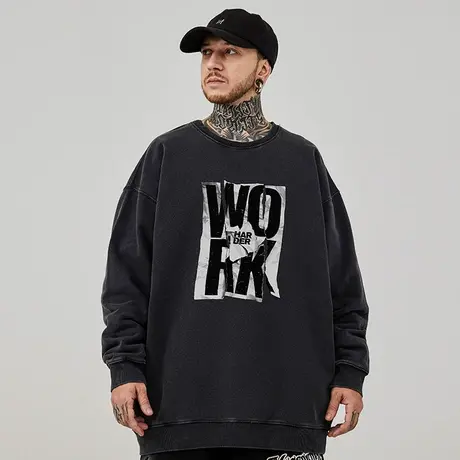 加肥加大美式圆领卫衣男潮牌重磅大码男装加绒复古做水洗旧秋冬季图片