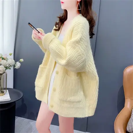 宽松慵懒风加厚V领毛衣外套女秋冬2023年新款洋气百搭设计感上衣图片