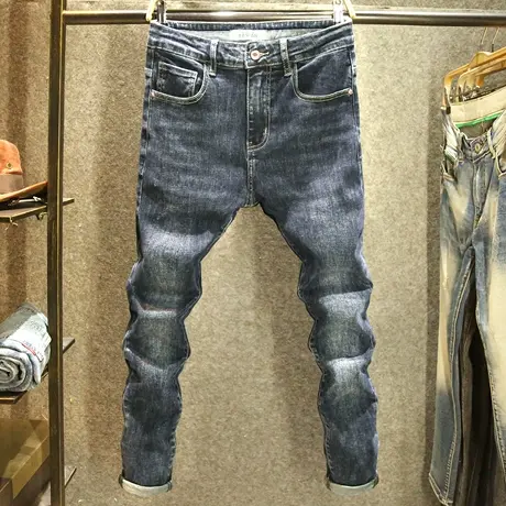 高端水洗耐磨男士牛仔裤修身小脚裤潮牌蓝黑色弹力裤子男秋冬厚款商品大图