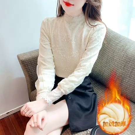 加绒加厚打底衫女士冬季2023新款洋气长袖蕾丝衫女灯笼袖内搭小衫商品大图