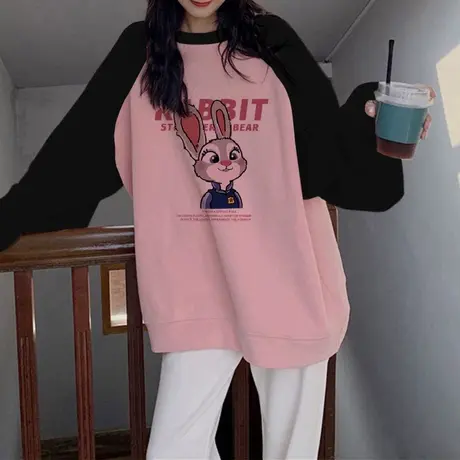 hiphop潮牌撞色设计感长袖卫衣女ins潮复古秋冬加绒粉色外套上衣商品大图