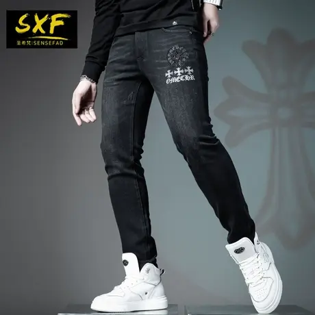 SXF圣希梵牛仔裤男 2021新款小脚水洗复古烫钻休闲长裤潮男士裤子图片