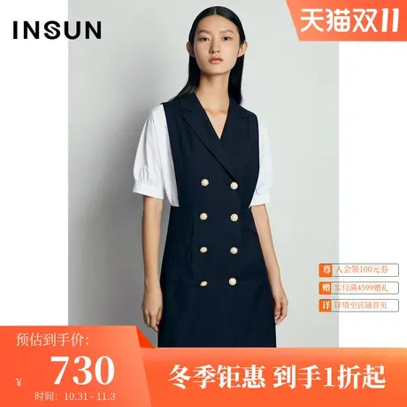 恩裳夏季时尚简约拼接蓬蓬袖黑白商务通勤OL收腰连衣裙图片