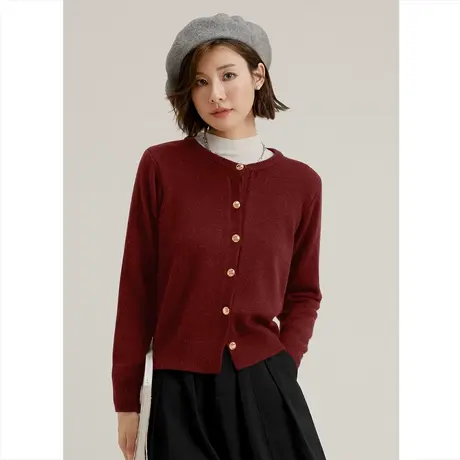 弥古2023新款红色圆领针织衫上衣女秋高级感气质毛衣外套外搭开衫商品大图