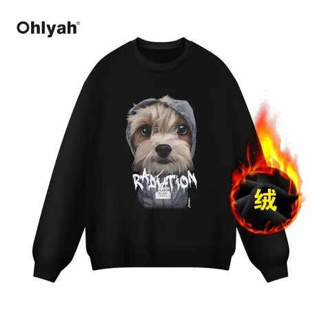 Ohlyah宽松卡通帽子修狗圆领大码卫衣女加绒加厚学生上衣外套定制商品大图