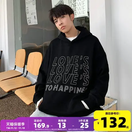 唐狮2022秋冬新款情侣卫衣连帽加绒烫钻字母银狐绒上衣男ins潮牌r商品大图