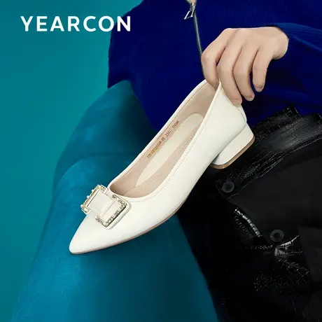 意尔康尖头方扣平底单鞋女真皮粗跟2024春春新款法式浅口气质女鞋商品大图