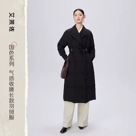 艾莱依鹅绒服女2023年国色新款冬季气质收腰翻领长款过膝设计外套商品大图