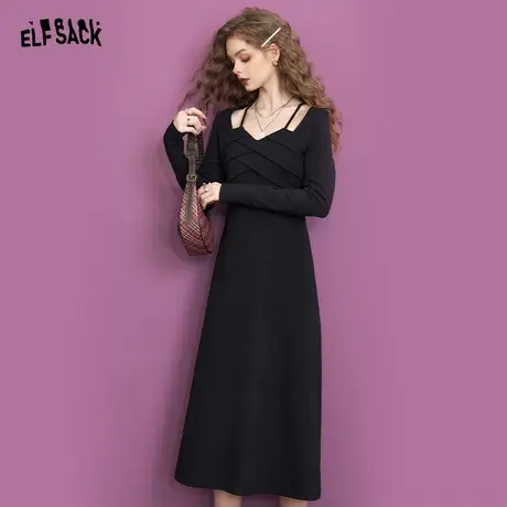 妖精的口袋法式黑色镂空长袖连衣裙女2023冬季新款修身显瘦小黑裙商品大图