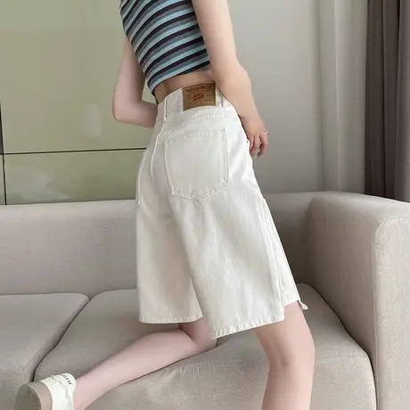 港味白色五分牛仔短裤女夏季薄款高腰宽松显瘦直筒阔腿中裤5分裤商品大图