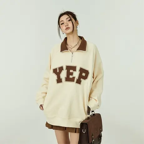 美式复古字母拉链半高领卫衣女春秋款2023新款宽松潮牌情侣装外套商品大图