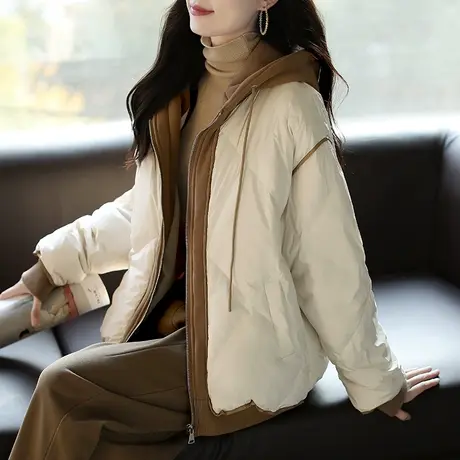 宝诗黎连帽假两件拼接90白鸭绒羽绒服女款冬季宽松保暖休闲短外套图片