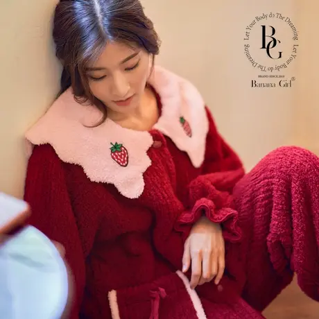 Bananagirl睡衣女秋冬珊瑚绒保暖女士甜美红色家居服套装结婚女套商品大图