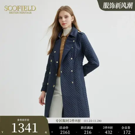 Scofield女装中长款菱形格珩缝棉服气质收腰加厚外套2023秋冬新款商品大图