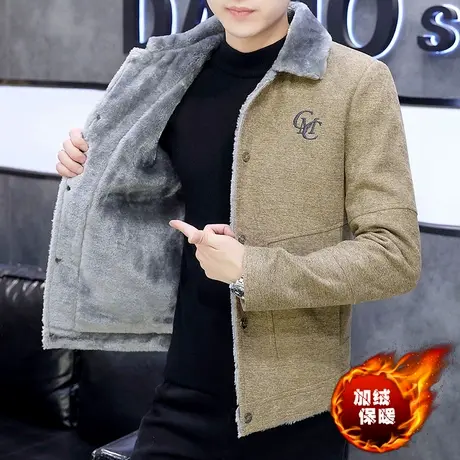 男士加厚保暖外套潮流帅气短款小风衣青年毛领呢子夹克冬装上衣服商品大图