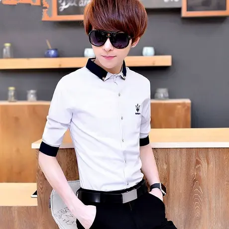 男士韩版七分袖衬衫男短袖休闲衬衣潮流中袖夏天衣服发型师薄寸衫商品大图