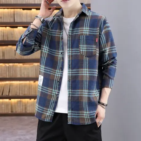 格子长袖衬衫男士春秋季潮流休闲百搭衬衣青少年学生宽松韩版外套商品大图