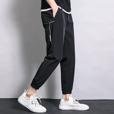 休闲长裤子男夏季冰丝薄款九分裤修身抽绳束脚小脚黑色速干空调裤商品大图