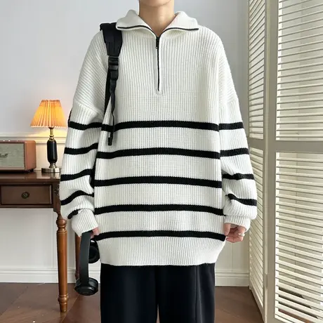 拉链翻领慵懒风宽松大码中长款外穿毛衣男青年针织衫线衣条纹时尚商品大图