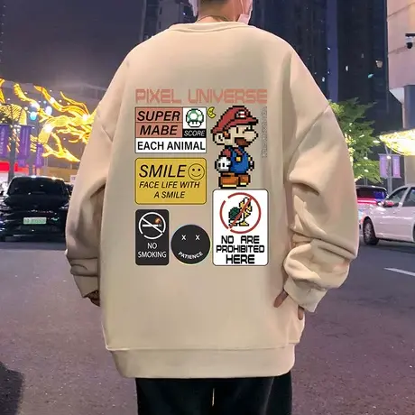 重磅马里奥卫衣男春秋季新款内搭打底衫男生宽松加绒加厚圆领外套商品大图