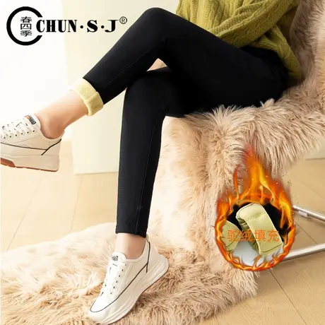 黑色加绒打底裤女秋冬外穿2023新款九分弹力高腰铅笔裤小脚紧身裤商品大图