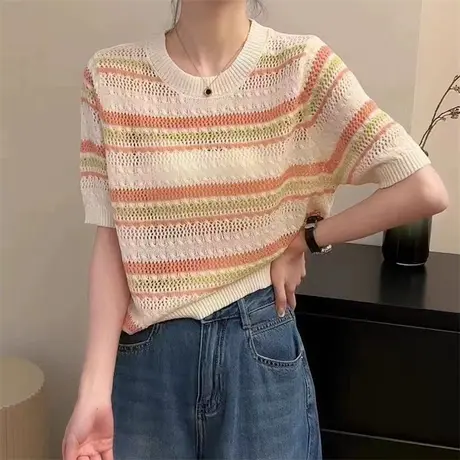 冰丝条纹针织衫女薄款2023新款夏季宽松镂空打底上衣短袖t恤春秋商品大图
