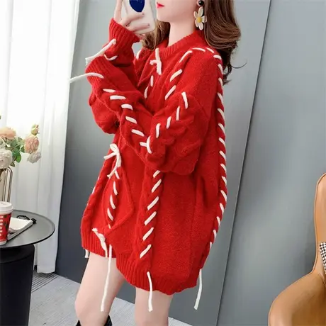 日系复古设计感绑带圆领毛衣女秋冬2022年新款宽松慵懒风麻花上衣商品大图