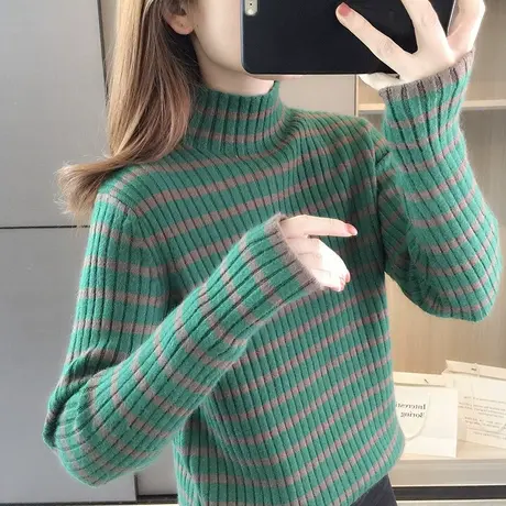 高领毛衣女秋冬季加厚打底衫条纹针织衫2024新款洋气宽松上衣女装商品大图