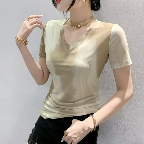 夏装新款性感V领网纱T恤女短袖时尚气质扎染印花上衣修身显瘦小衫图片