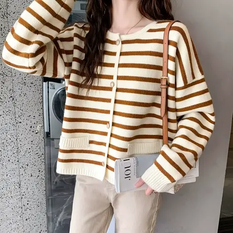 法式设计感条纹针织开衫2023春装新款小香风外套短款洋气百搭上衣商品大图