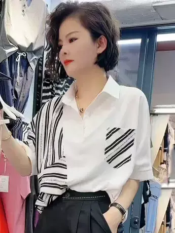 夏季设计感不规则撞色拼接短袖衬衫女条纹字母印花通勤宽松薄上衣商品大图