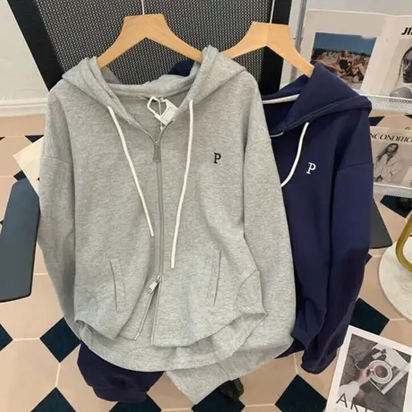 双拉链连帽卫衣女初秋宽松薄款百搭设计感小众别致显瘦上衣外套潮商品大图