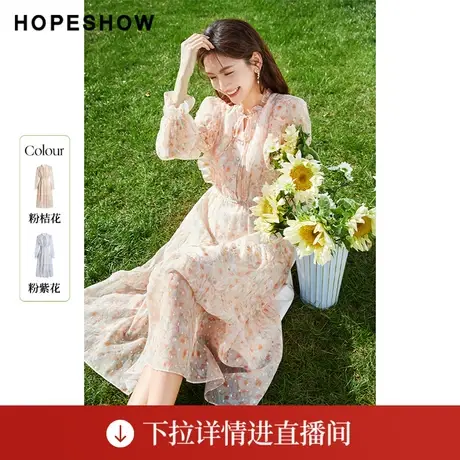 【直播专享】女装印花灯笼袖木耳边立领连衣裙90123051601红袖图片